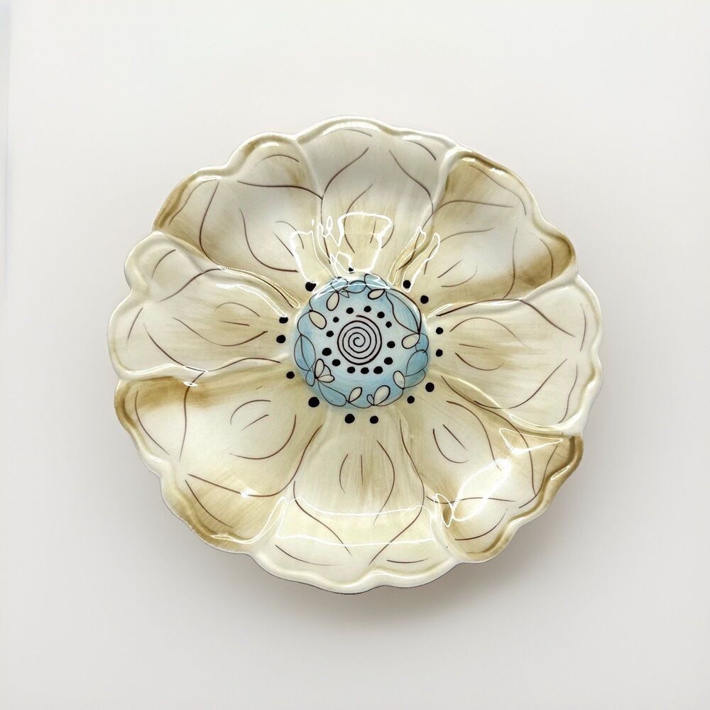 Set of 2 Pier 1 Cassidy Salad Dessert Plates Crème (Cream) with Blue Flower 7.5"